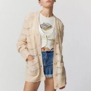 Urban Outfitters Ivory Alston Laddered Knit Button Front Cardigan Sweater